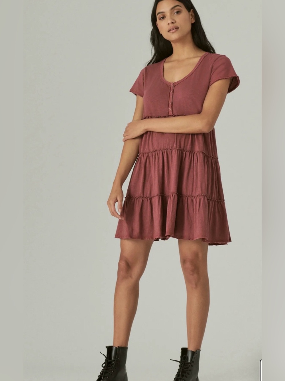 Lucky Brand Short-Sleeve Tiered Mini Dress in Mauve